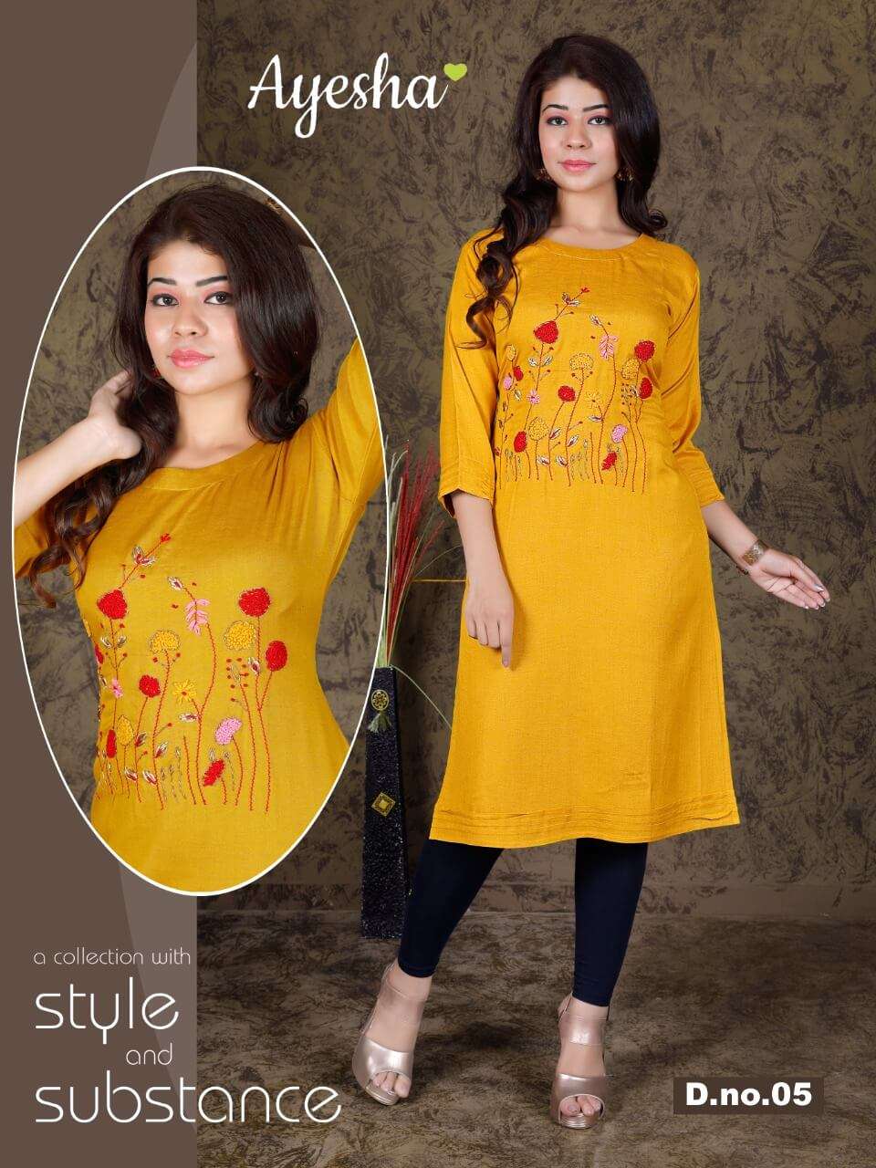 HEER BY AYESHA 01 TO 06 SERIES DESIGNER STYLISH FANCY COLORFUL BEAUTIFUL PARTY WEAR & ETHNIC WEAR COLLECTION RAYON FLEX WITH HANDWORK KURTIS AT WHOLESALE PRICE