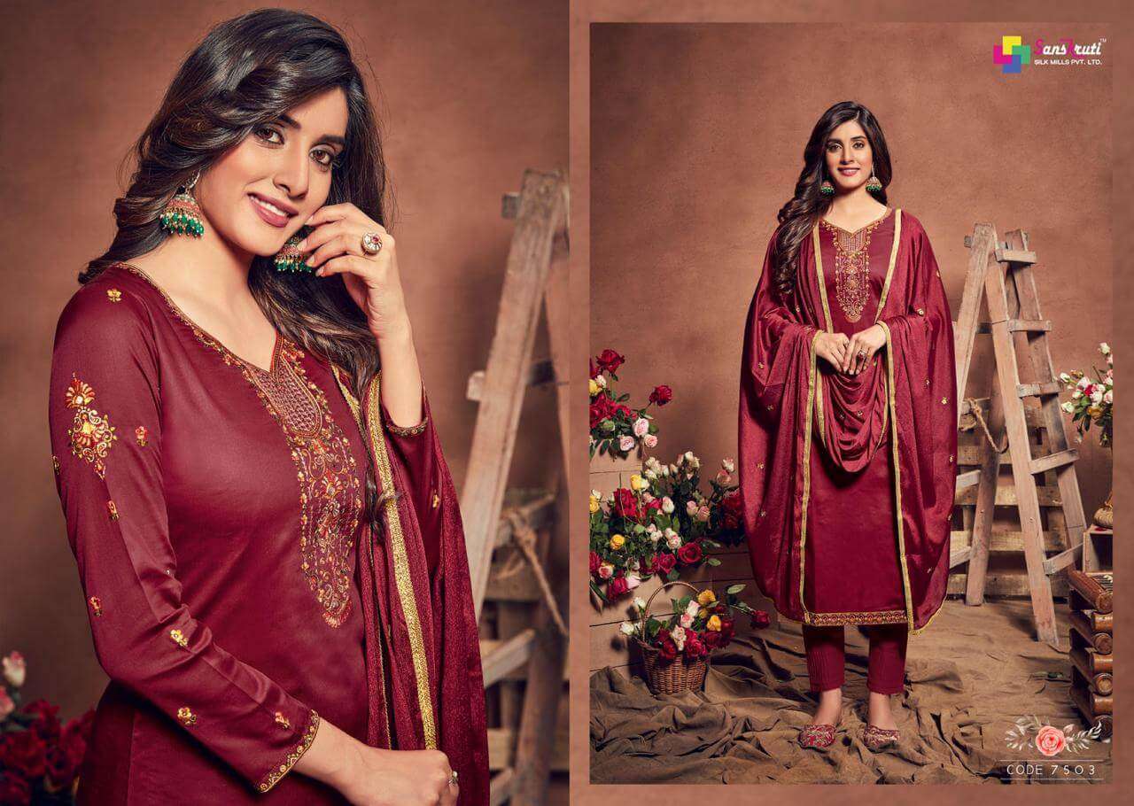 GULSHAN BY SANSKRUTI SILK MILLS 7501 TO 7506 SERIES BEAUTIFUL STYLISH SUITS FANCY COLORFUL CASUAL WEAR & ETHNIC WEAR & READY TO WEAR PURE JAM SILK DRESSES AT WHOLESALE PRICE