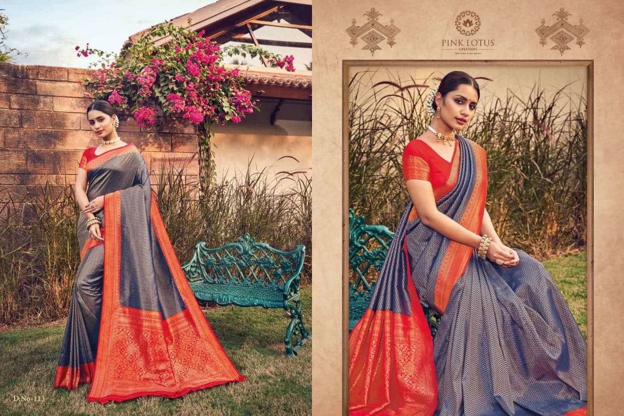PEARL SILK BY PINK LOTUS 101 TO 113 SERIES INDIAN TRADITIONAL WEAR COLLECTION BEAUTIFUL STYLISH FANCY COLORFUL PARTY WEAR & OCCASIONAL WEAR SILK SAREES AT WHOLESALE PRICE