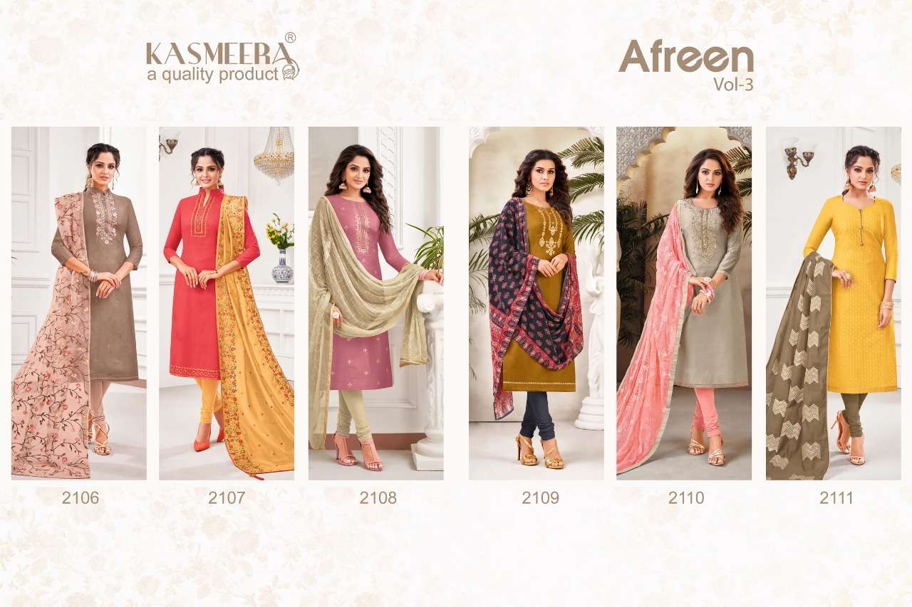 AFREEN VOL-3 BY KASMEERA 2106 TO 2111 SERIES BEAUTIFUL SUITS COLORFUL STYLISH FANCY CASUAL WEAR & ETHNIC WEAR SILK WITH EMBROIDERY DRESSES AT WHOLESALE PRICE