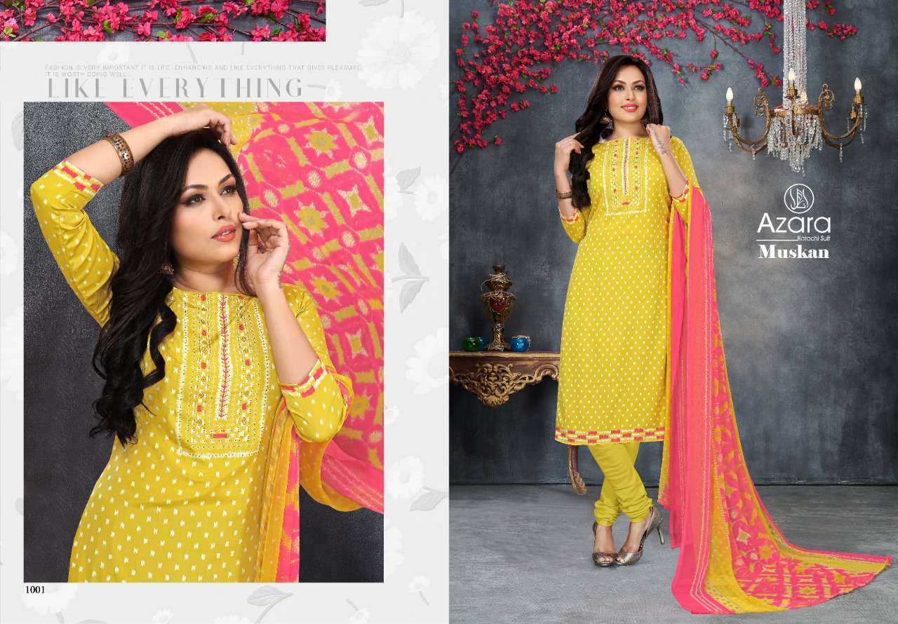 MUSKAN BY AZARA 1001 TO 1006 SERIES BEAUTIFUL SUITS COLORFUL STYLISH FANCY CASUAL WEAR & ETHNIC WEAR FRENCH CREPE PRINT DRESSES AT WHOLESALE PRICE