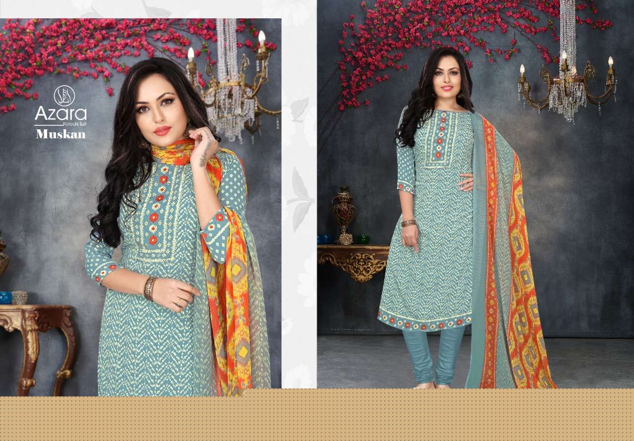 MUSKAN BY AZARA 1001 TO 1006 SERIES BEAUTIFUL SUITS COLORFUL STYLISH FANCY CASUAL WEAR & ETHNIC WEAR FRENCH CREPE PRINT DRESSES AT WHOLESALE PRICE