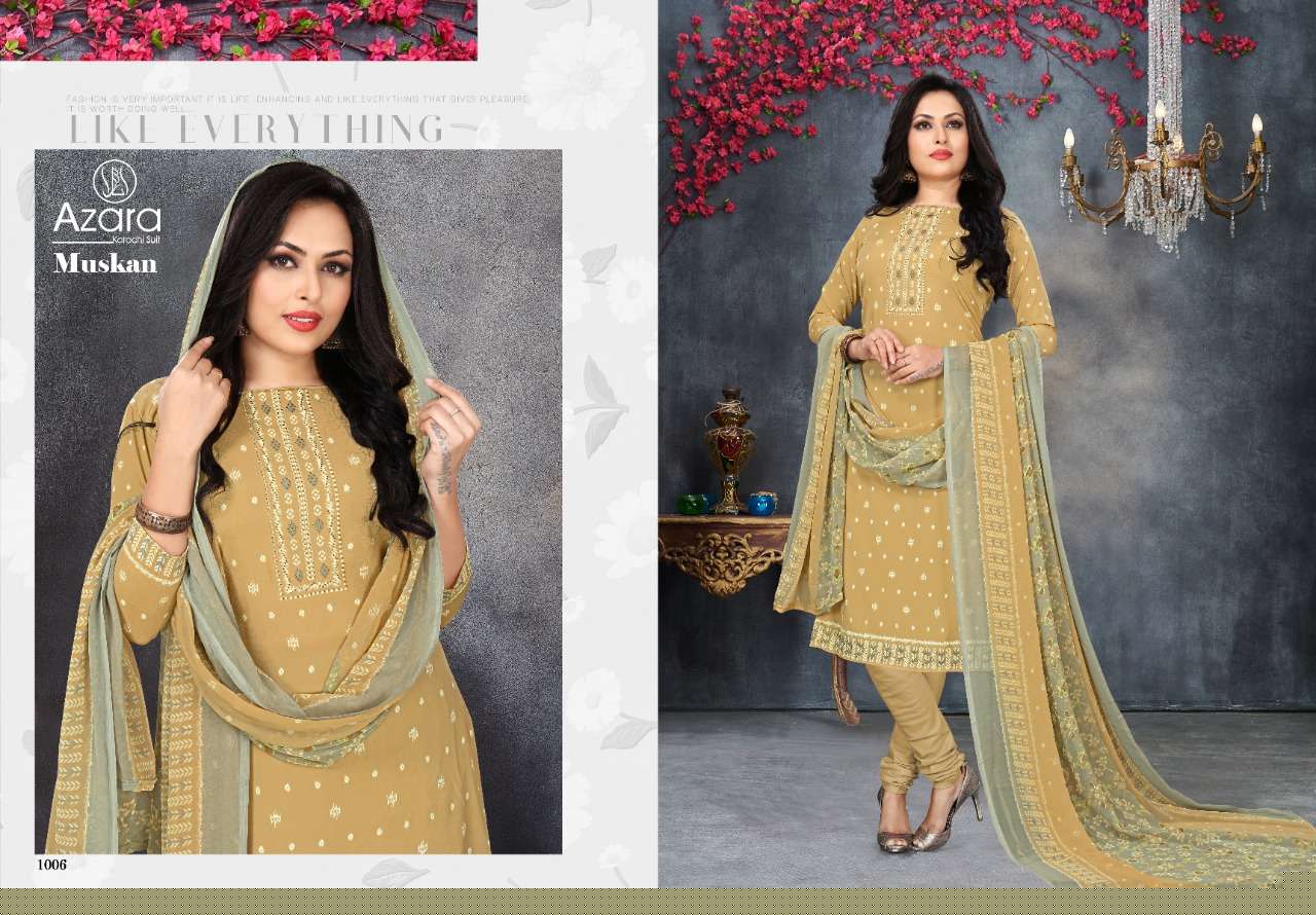 MUSKAN BY AZARA 1001 TO 1006 SERIES BEAUTIFUL SUITS COLORFUL STYLISH FANCY CASUAL WEAR & ETHNIC WEAR FRENCH CREPE PRINT DRESSES AT WHOLESALE PRICE