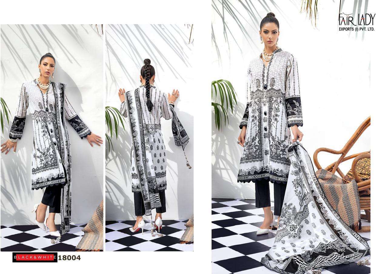 BLACK AND WHITE BY FAIR LADY 18001 TO 18006 SERIES BEAUTIFUL SUITS COLORFUL STYLISH FANCY CASUAL WEAR & ETHNIC WEAR LAWN COTTON PRINT WITH EMBROIDERY DRESSES AT WHOLESALE PRICE