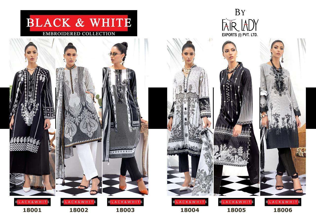 BLACK AND WHITE BY FAIR LADY 18001 TO 18006 SERIES BEAUTIFUL SUITS COLORFUL STYLISH FANCY CASUAL WEAR & ETHNIC WEAR LAWN COTTON PRINT WITH EMBROIDERY DRESSES AT WHOLESALE PRICE