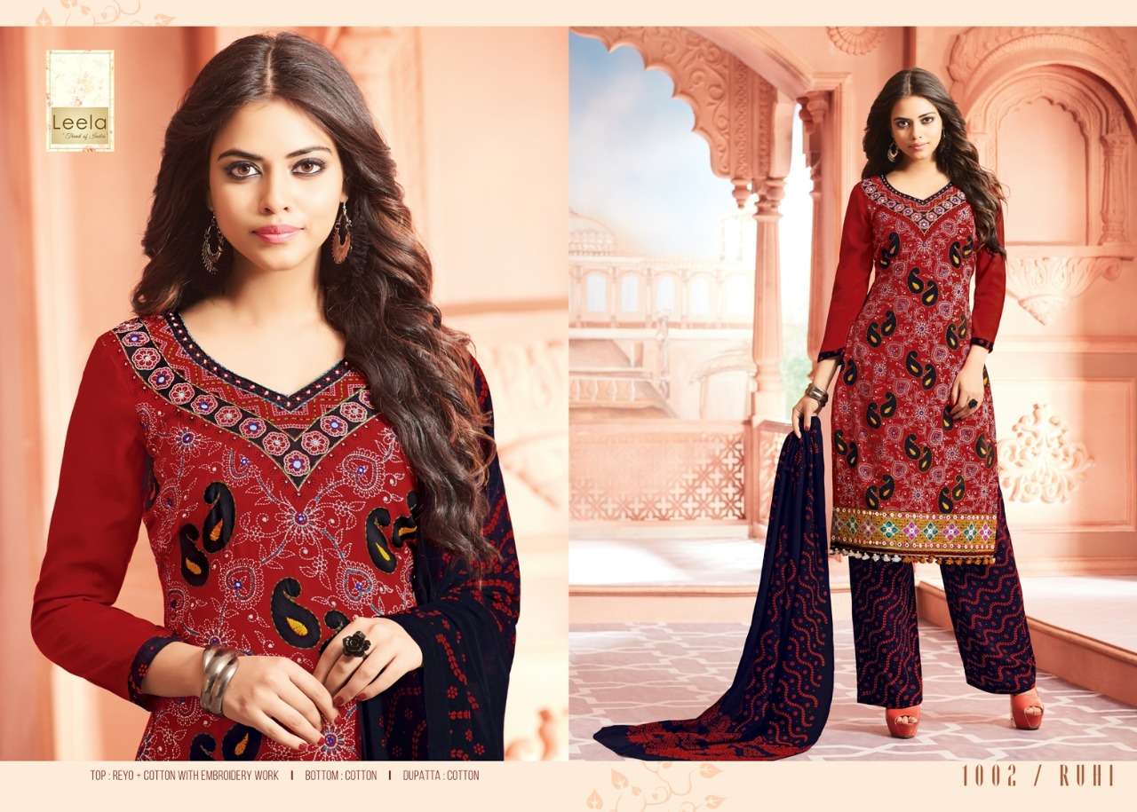 RUHI BY LEELA 1001 TO 1006 SERIES BEAUTIFUL SUITS COLORFUL STYLISH FANCY CASUAL WEAR & ETHNIC WEAR RAYON COTTON EMBROIDERED DRESSES AT WHOLESALE PRICE