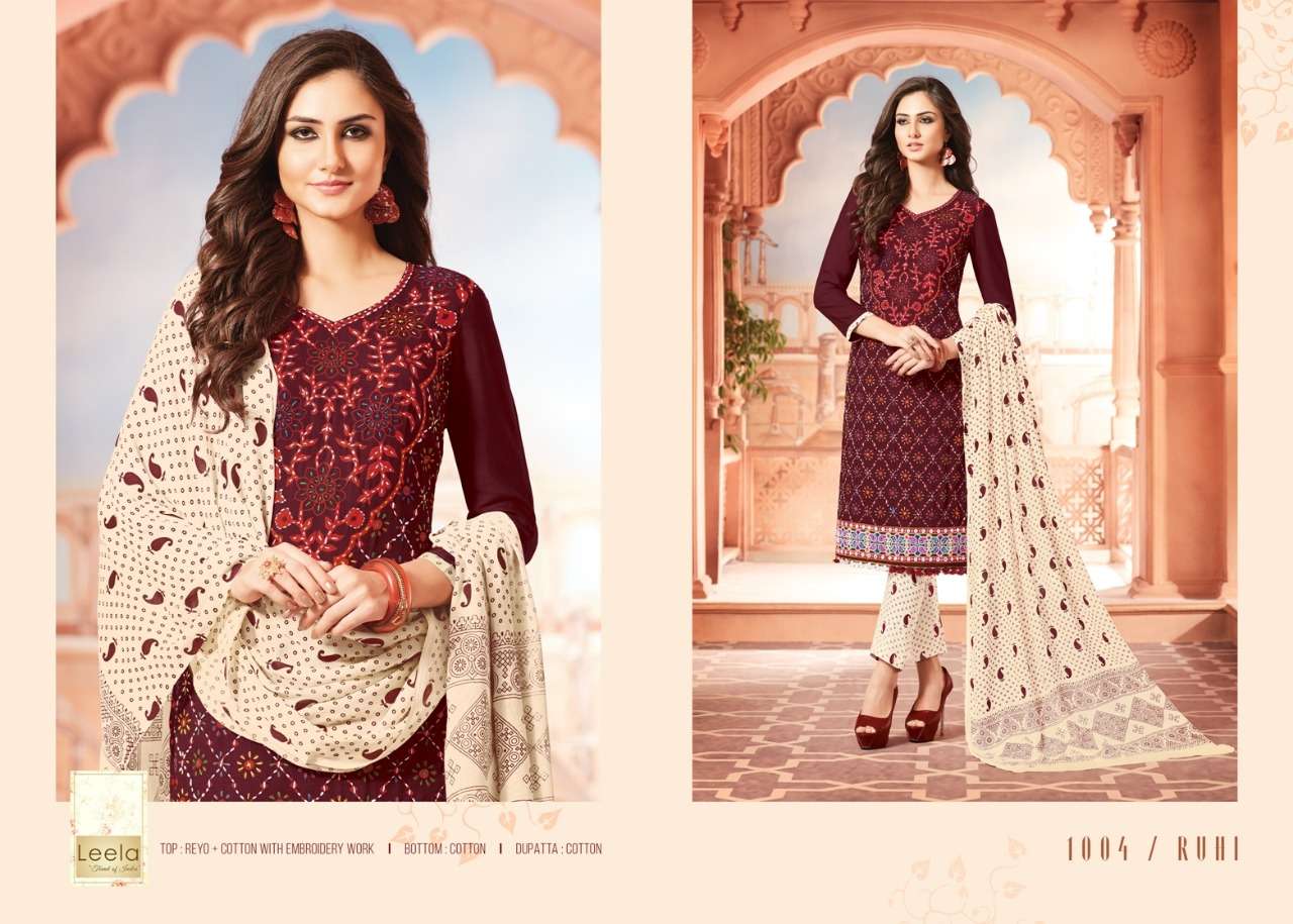 RUHI BY LEELA 1001 TO 1006 SERIES BEAUTIFUL SUITS COLORFUL STYLISH FANCY CASUAL WEAR & ETHNIC WEAR RAYON COTTON EMBROIDERED DRESSES AT WHOLESALE PRICE