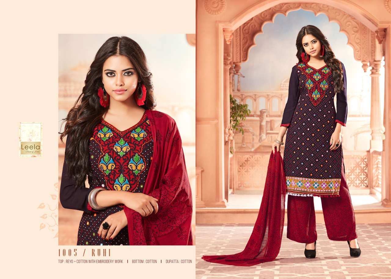 RUHI BY LEELA 1001 TO 1006 SERIES BEAUTIFUL SUITS COLORFUL STYLISH FANCY CASUAL WEAR & ETHNIC WEAR RAYON COTTON EMBROIDERED DRESSES AT WHOLESALE PRICE