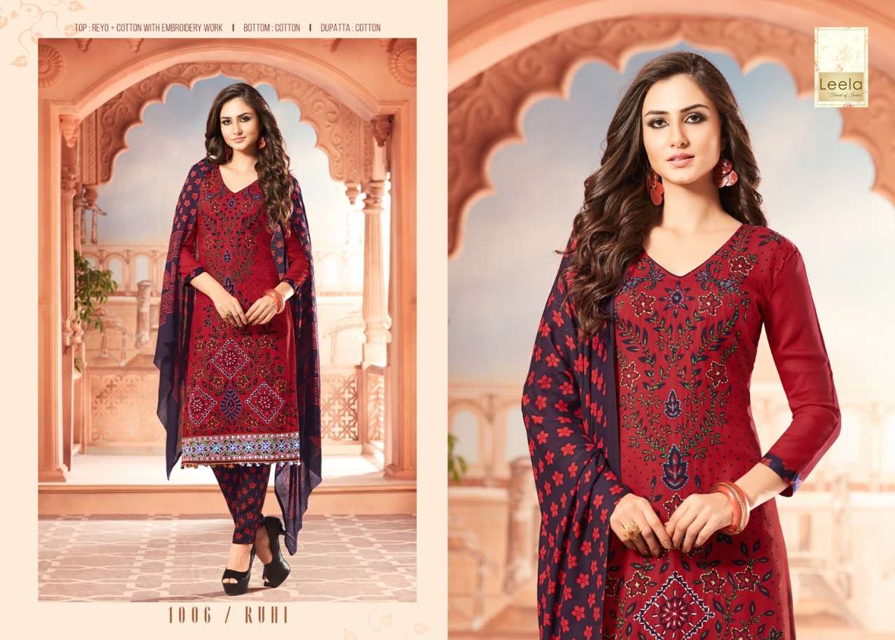 RUHI BY LEELA 1001 TO 1006 SERIES BEAUTIFUL SUITS COLORFUL STYLISH FANCY CASUAL WEAR & ETHNIC WEAR RAYON COTTON EMBROIDERED DRESSES AT WHOLESALE PRICE