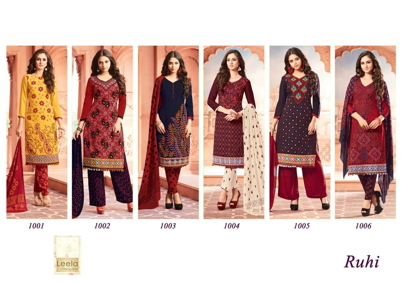 RUHI BY LEELA 1001 TO 1006 SERIES BEAUTIFUL SUITS COLORFUL STYLISH FANCY CASUAL WEAR & ETHNIC WEAR RAYON COTTON EMBROIDERED DRESSES AT WHOLESALE PRICE