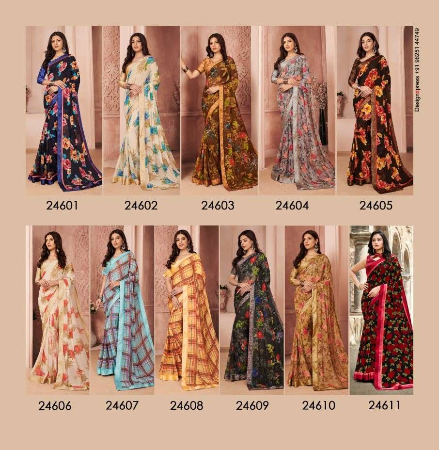 THALAIVI BY MINTORSI 24601 TO 24611 SERIES INDIAN TRADITIONAL WEAR COLLECTION BEAUTIFUL STYLISH FANCY COLORFUL PARTY WEAR & OCCASIONAL WEAR WEIGHTLESS SAREES AT WHOLESALE PRICE