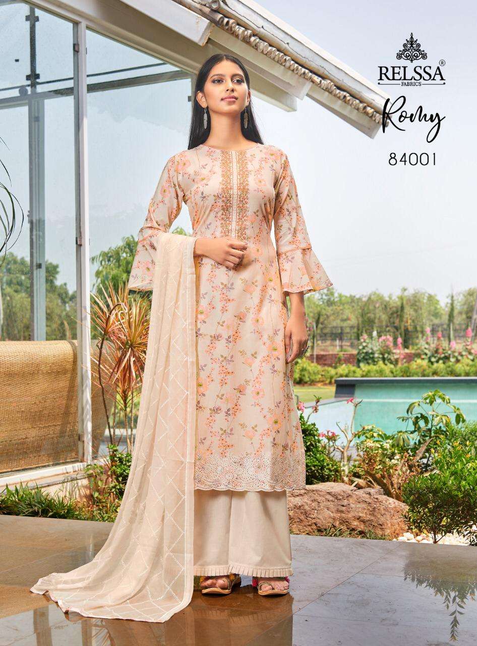 ROMY BY RELSSA FABRICS 84001 TO 84006 SERIES BEAUTIFUL SUITS COLORFUL STYLISH FANCY CASUAL WEAR & ETHNIC WEAR PURE COTTON LAWN PRINT WITH EMBROIDERY DRESSES AT WHOLESALE PRICE