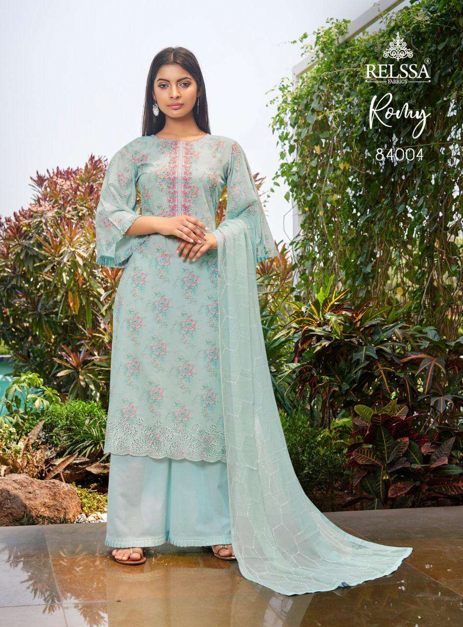 ROMY BY RELSSA FABRICS 84001 TO 84006 SERIES BEAUTIFUL SUITS COLORFUL STYLISH FANCY CASUAL WEAR & ETHNIC WEAR PURE COTTON LAWN PRINT WITH EMBROIDERY DRESSES AT WHOLESALE PRICE