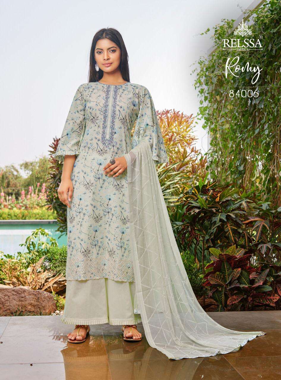 ROMY BY RELSSA FABRICS 84001 TO 84006 SERIES BEAUTIFUL SUITS COLORFUL STYLISH FANCY CASUAL WEAR & ETHNIC WEAR PURE COTTON LAWN PRINT WITH EMBROIDERY DRESSES AT WHOLESALE PRICE