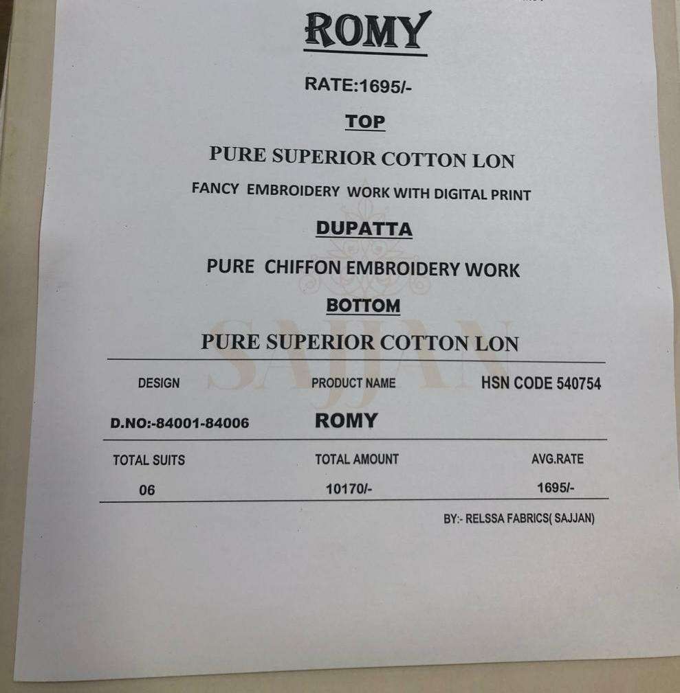 ROMY BY RELSSA FABRICS 84001 TO 84006 SERIES BEAUTIFUL SUITS COLORFUL STYLISH FANCY CASUAL WEAR & ETHNIC WEAR PURE COTTON LAWN PRINT WITH EMBROIDERY DRESSES AT WHOLESALE PRICE