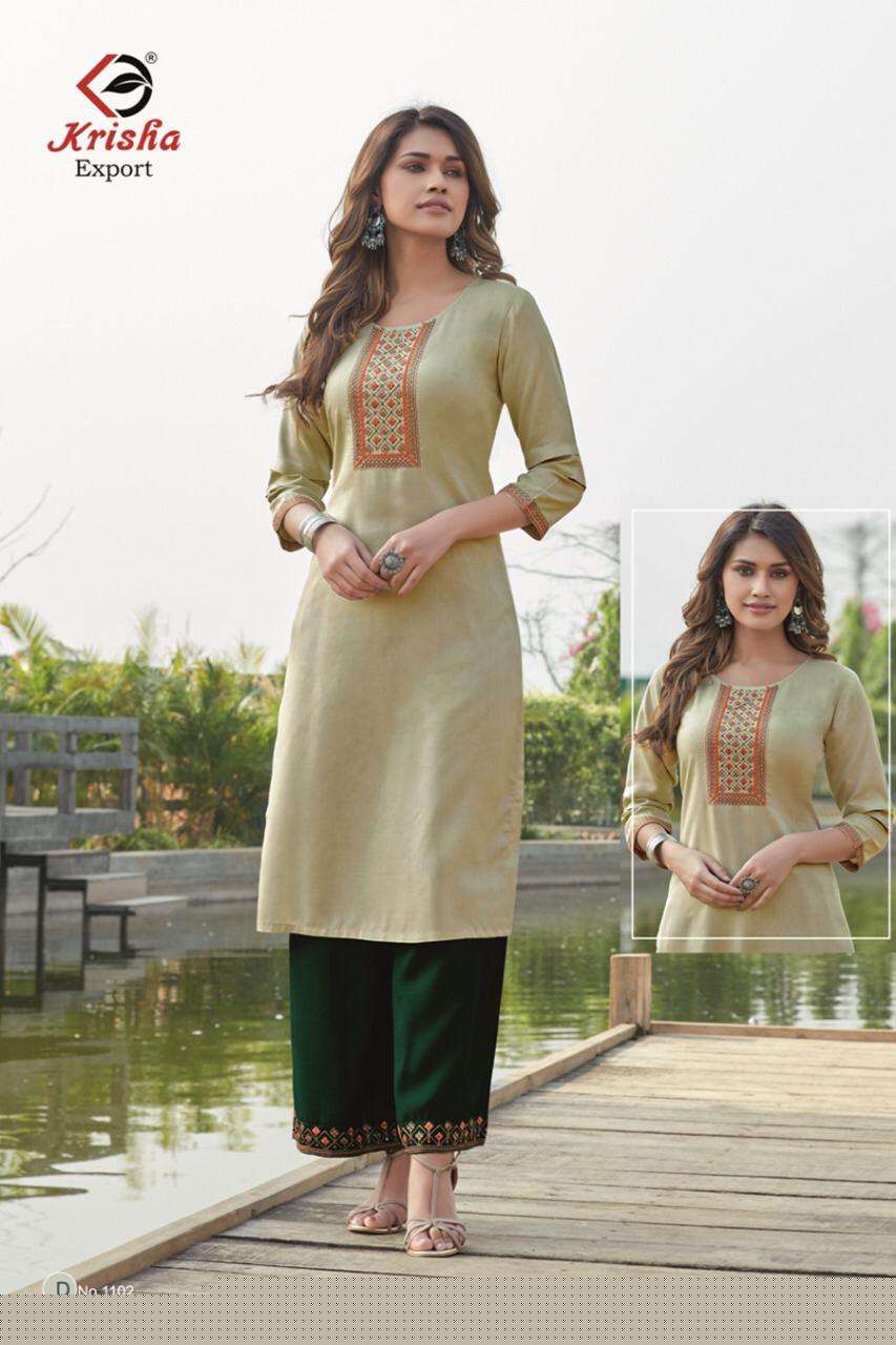 VANSHIKA BY KRISHA EXPORTS 1101 TO 1104 SERIES DESIGNER STYLISH FANCY COLORFUL BEAUTIFUL PARTY WEAR & ETHNIC WEAR COLLECTION RAYON EMBROIDERY KURTIS WITH BOTTOM AT WHOLESALE PRICE