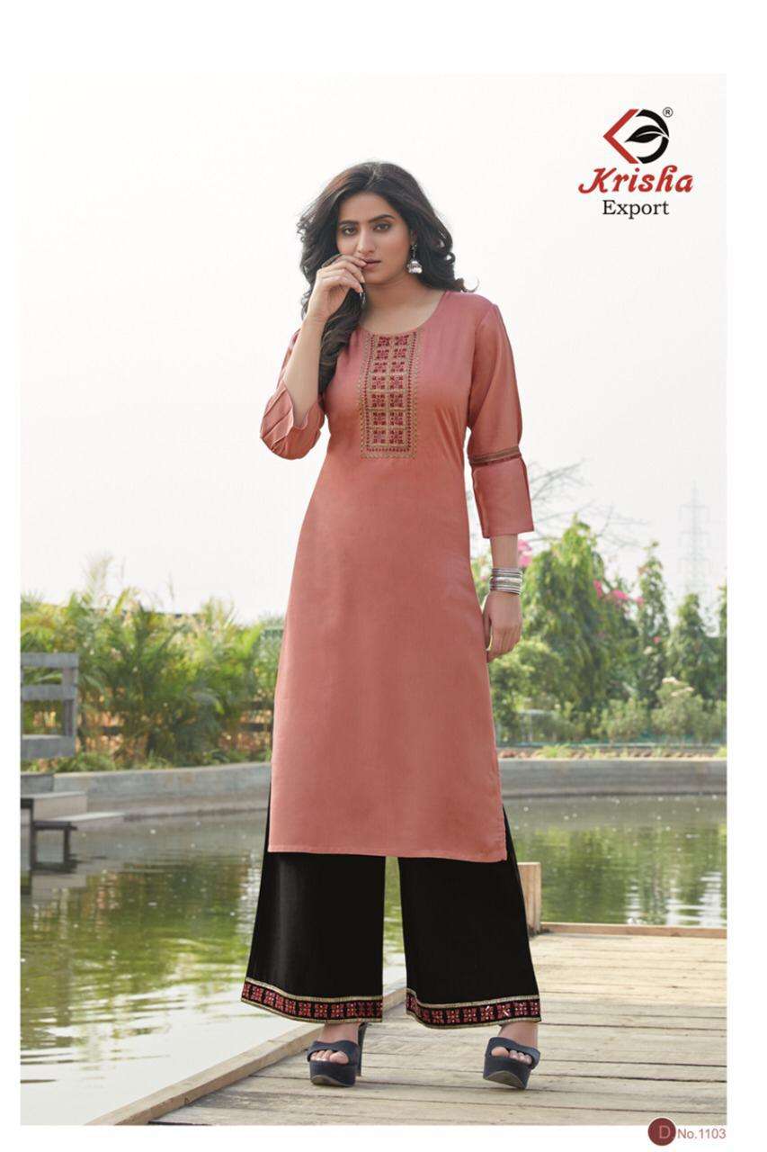 VANSHIKA BY KRISHA EXPORTS 1101 TO 1104 SERIES DESIGNER STYLISH FANCY COLORFUL BEAUTIFUL PARTY WEAR & ETHNIC WEAR COLLECTION RAYON EMBROIDERY KURTIS WITH BOTTOM AT WHOLESALE PRICE