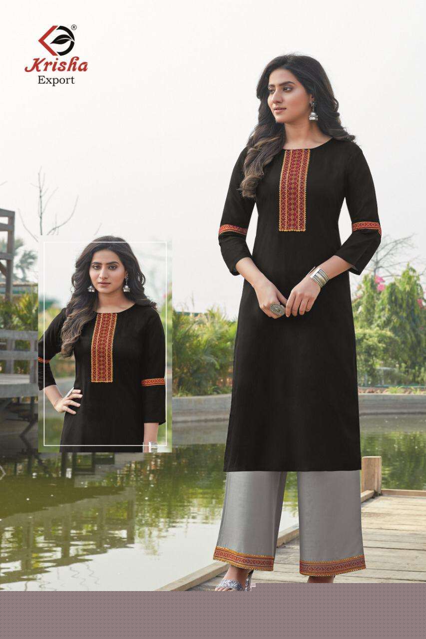 VANSHIKA BY KRISHA EXPORTS 1101 TO 1104 SERIES DESIGNER STYLISH FANCY COLORFUL BEAUTIFUL PARTY WEAR & ETHNIC WEAR COLLECTION RAYON EMBROIDERY KURTIS WITH BOTTOM AT WHOLESALE PRICE