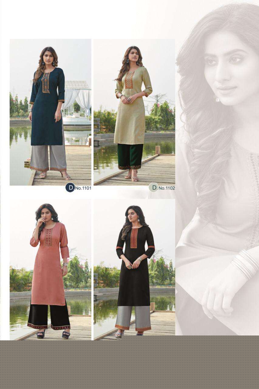 VANSHIKA BY KRISHA EXPORTS 1101 TO 1104 SERIES DESIGNER STYLISH FANCY COLORFUL BEAUTIFUL PARTY WEAR & ETHNIC WEAR COLLECTION RAYON EMBROIDERY KURTIS WITH BOTTOM AT WHOLESALE PRICE