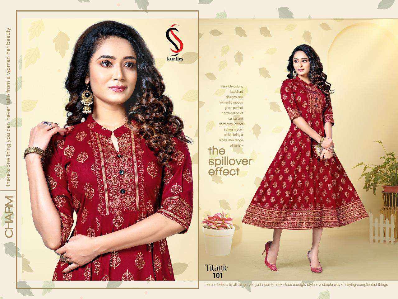 TITANIC BY S S KURTIS 101 TO 106 SERIES DESIGNER STYLISH FANCY COLORFUL BEAUTIFUL PARTY WEAR & ETHNIC WEAR COLLECTION RAYON GOLD PRINT KURTIS AT WHOLESALE PRICE