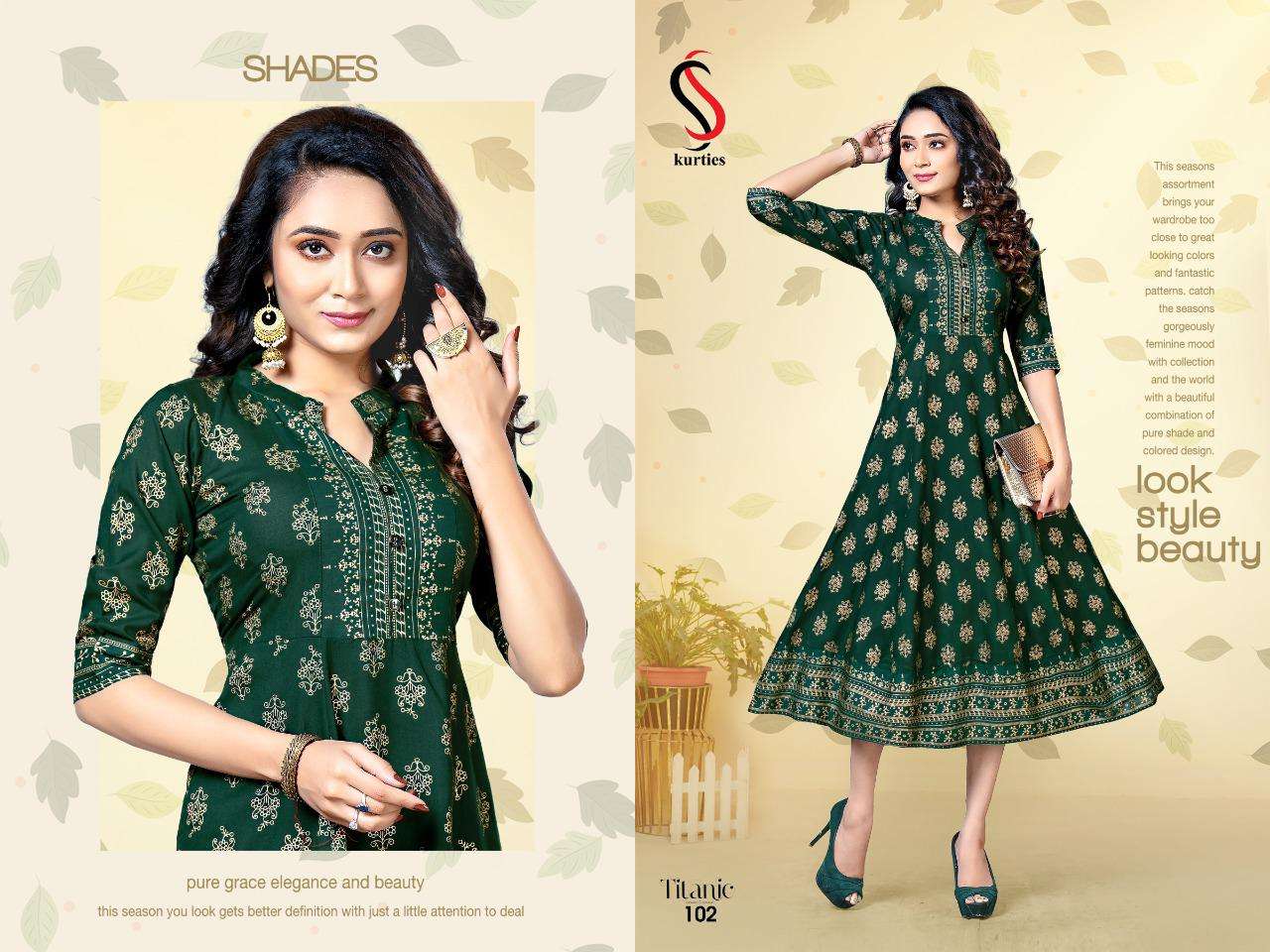 TITANIC BY S S KURTIS 101 TO 106 SERIES DESIGNER STYLISH FANCY COLORFUL BEAUTIFUL PARTY WEAR & ETHNIC WEAR COLLECTION RAYON GOLD PRINT KURTIS AT WHOLESALE PRICE