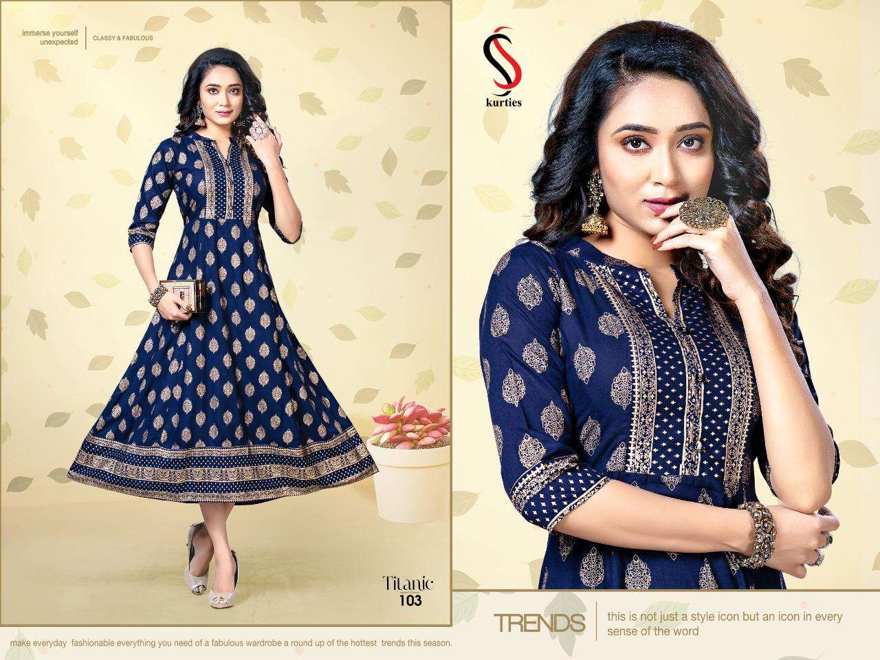 TITANIC BY S S KURTIS 101 TO 106 SERIES DESIGNER STYLISH FANCY COLORFUL BEAUTIFUL PARTY WEAR & ETHNIC WEAR COLLECTION RAYON GOLD PRINT KURTIS AT WHOLESALE PRICE