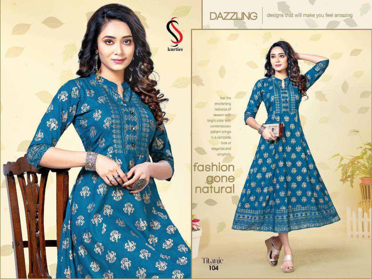 TITANIC BY S S KURTIS 101 TO 106 SERIES DESIGNER STYLISH FANCY COLORFUL BEAUTIFUL PARTY WEAR & ETHNIC WEAR COLLECTION RAYON GOLD PRINT KURTIS AT WHOLESALE PRICE