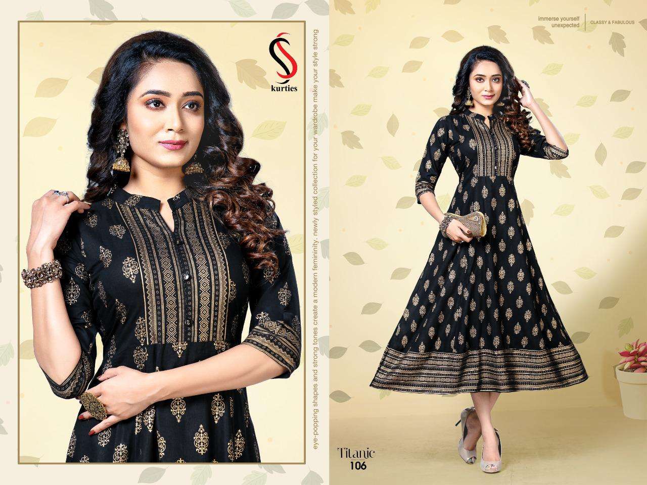 TITANIC BY S S KURTIS 101 TO 106 SERIES DESIGNER STYLISH FANCY COLORFUL BEAUTIFUL PARTY WEAR & ETHNIC WEAR COLLECTION RAYON GOLD PRINT KURTIS AT WHOLESALE PRICE