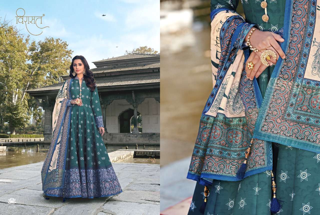 RAJGHARANA BY VIRASAT 1072 TO 1077 SERIES BEAUTIFUL STYLISH FANCY COLORFUL CASUAL WEAR & ETHNIC WEAR & READY TO WEAR KILLER SILK DIGITAL PRINT GOWNS WITH DUPATTA AT WHOLESALE PRICE