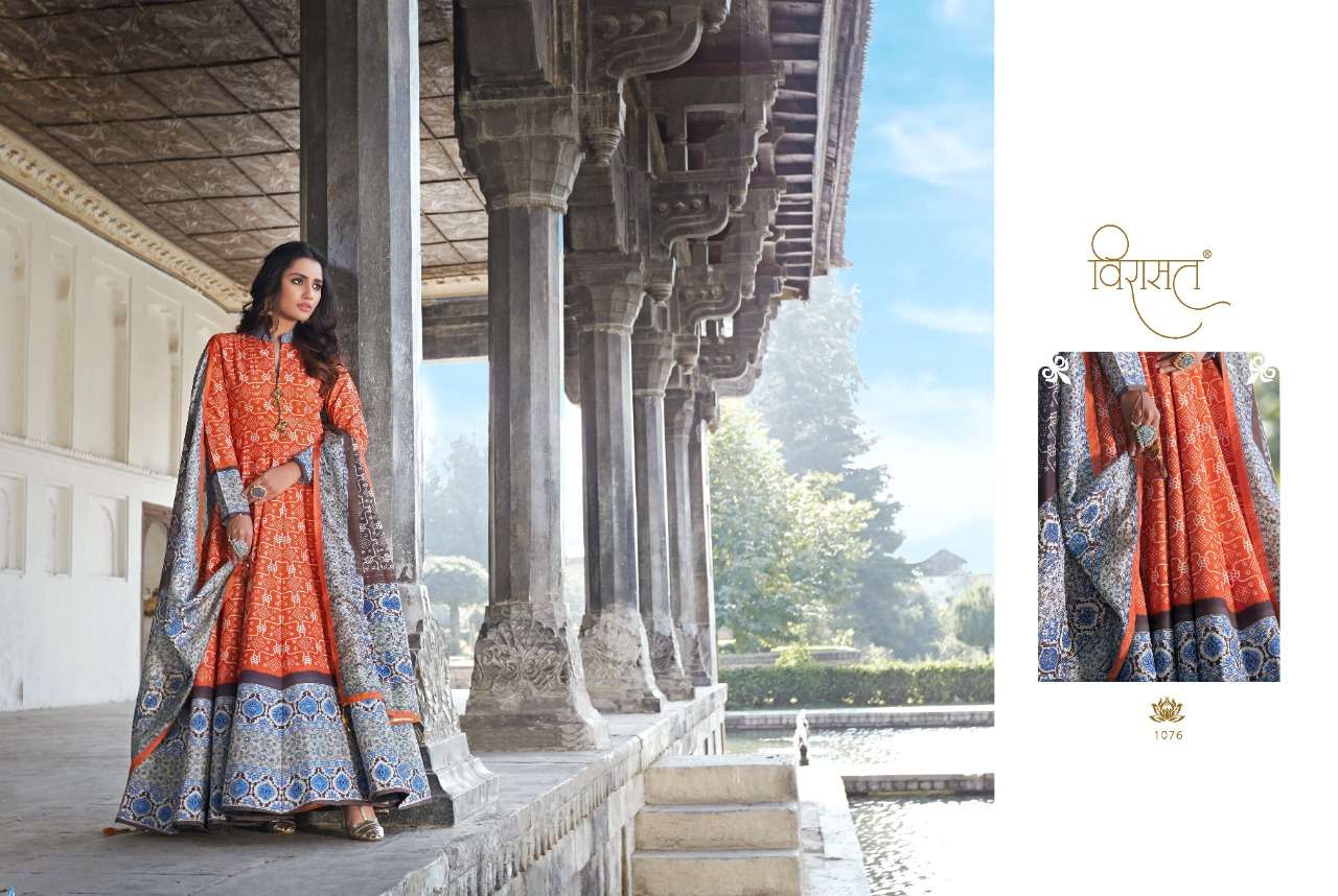 RAJGHARANA BY VIRASAT 1072 TO 1077 SERIES BEAUTIFUL STYLISH FANCY COLORFUL CASUAL WEAR & ETHNIC WEAR & READY TO WEAR KILLER SILK DIGITAL PRINT GOWNS WITH DUPATTA AT WHOLESALE PRICE