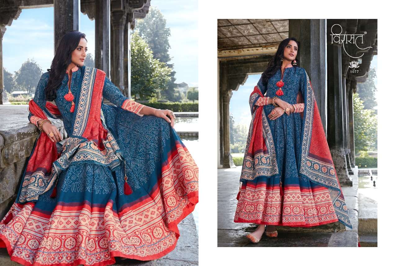 RAJGHARANA BY VIRASAT 1072 TO 1077 SERIES BEAUTIFUL STYLISH FANCY COLORFUL CASUAL WEAR & ETHNIC WEAR & READY TO WEAR KILLER SILK DIGITAL PRINT GOWNS WITH DUPATTA AT WHOLESALE PRICE