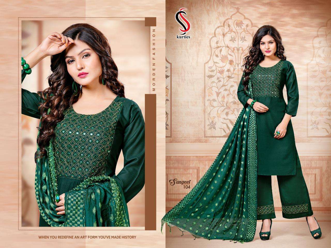 SANGEET BY S S KURTIS 101 TO 106 SERIES BEAUTIFUL SUITS COLORFUL STYLISH FANCY CASUAL WEAR & ETHNIC WEAR RAYON WITH WORK DRESSES AT WHOLESALE PRICE
