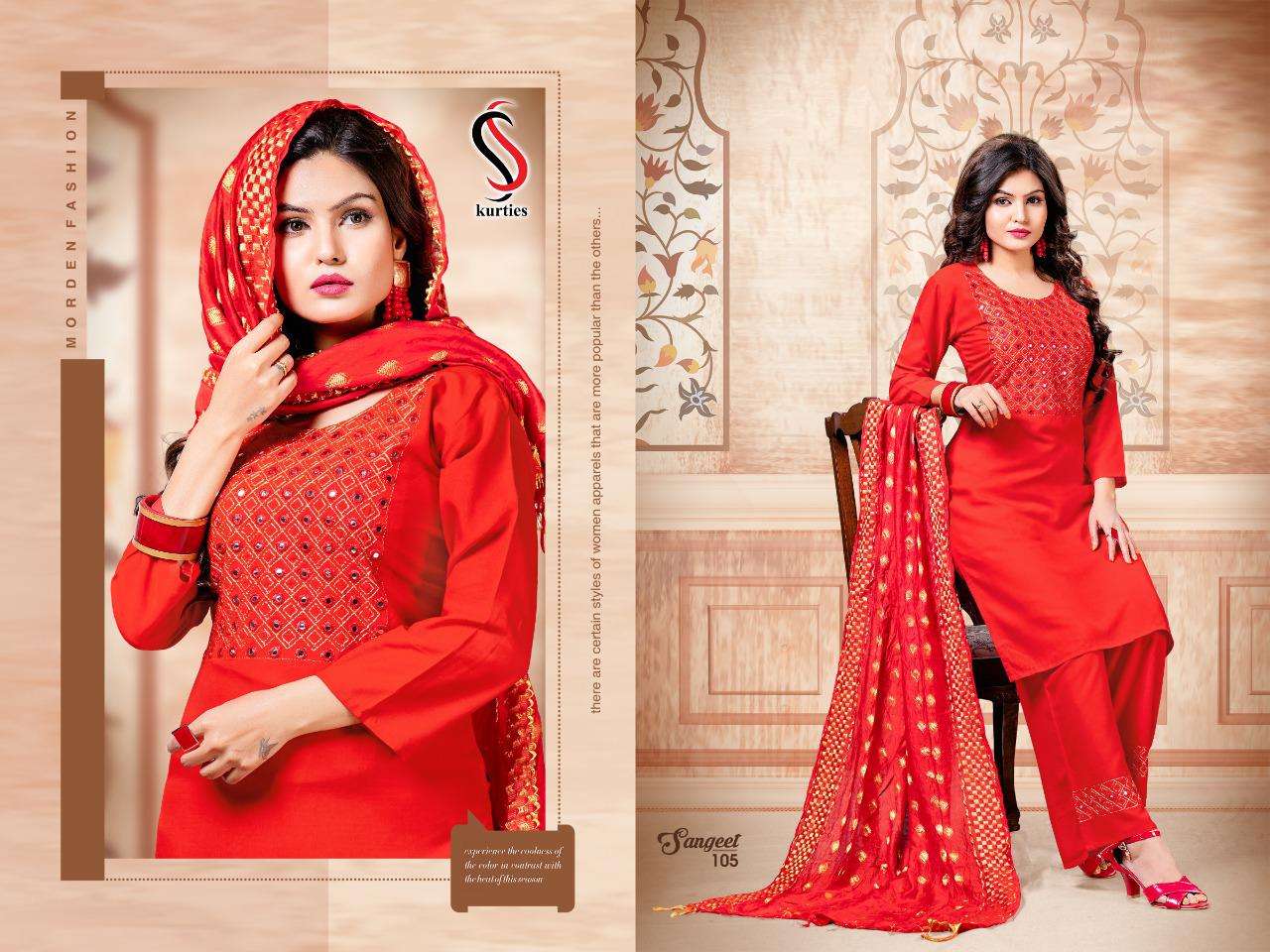 SANGEET BY S S KURTIS 101 TO 106 SERIES BEAUTIFUL SUITS COLORFUL STYLISH FANCY CASUAL WEAR & ETHNIC WEAR RAYON WITH WORK DRESSES AT WHOLESALE PRICE