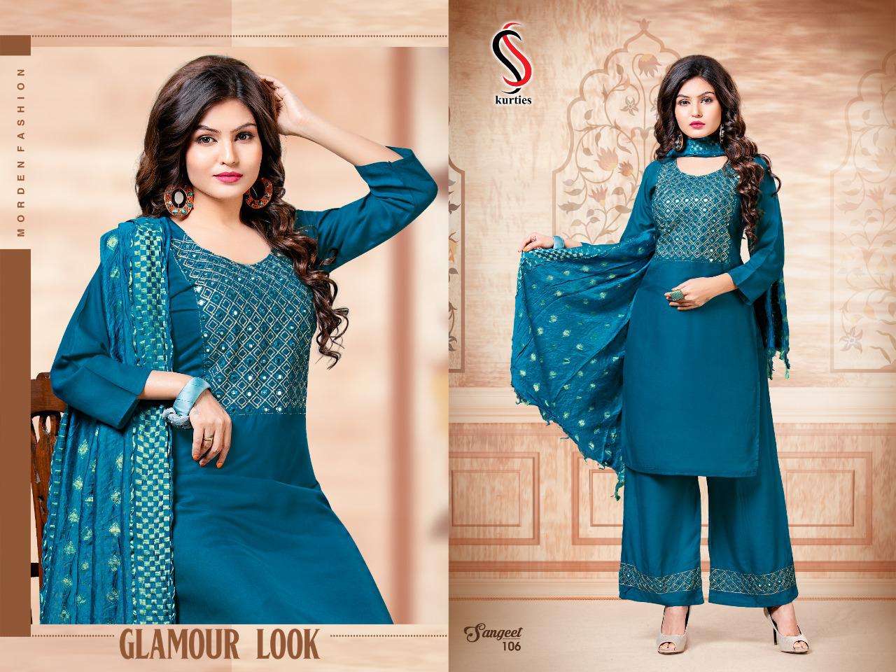 SANGEET BY S S KURTIS 101 TO 106 SERIES BEAUTIFUL SUITS COLORFUL STYLISH FANCY CASUAL WEAR & ETHNIC WEAR RAYON WITH WORK DRESSES AT WHOLESALE PRICE