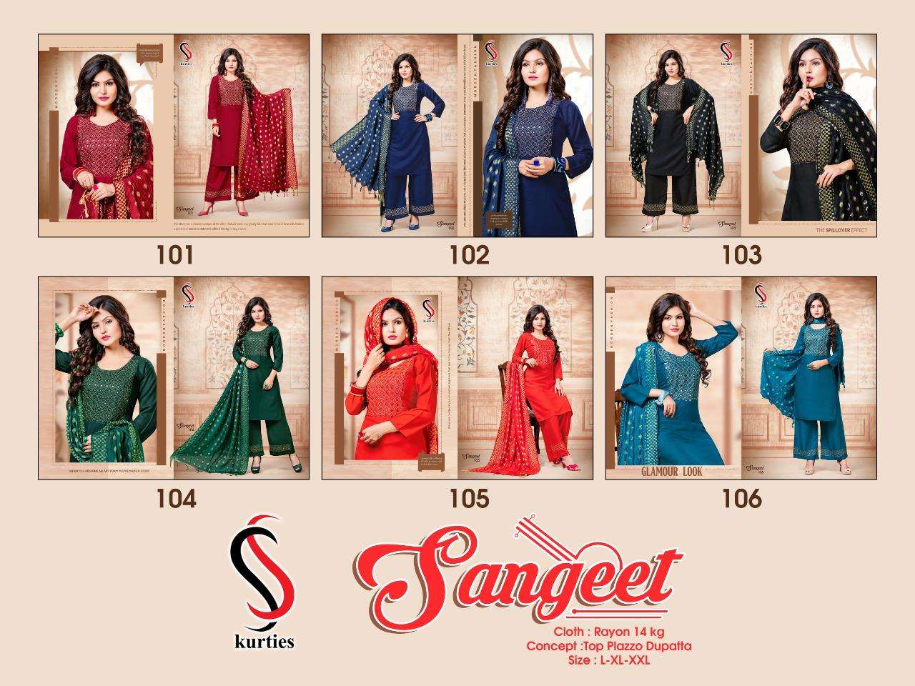 SANGEET BY S S KURTIS 101 TO 106 SERIES BEAUTIFUL SUITS COLORFUL STYLISH FANCY CASUAL WEAR & ETHNIC WEAR RAYON WITH WORK DRESSES AT WHOLESALE PRICE