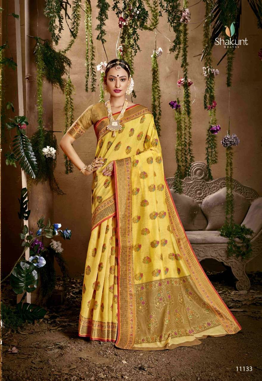 PRAJWALIT BY SHAKUNT 11131 TO 11136 SERIES INDIAN TRADITIONAL WEAR COLLECTION BEAUTIFUL STYLISH FANCY COLORFUL PARTY WEAR & OCCASIONAL WEAR COTTON WOVEN SAREES AT WHOLESALE PRICE
