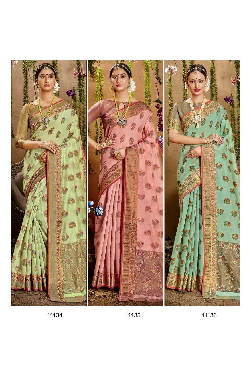 PRAJWALIT BY SHAKUNT 11131 TO 11136 SERIES INDIAN TRADITIONAL WEAR COLLECTION BEAUTIFUL STYLISH FANCY COLORFUL PARTY WEAR & OCCASIONAL WEAR COTTON WOVEN SAREES AT WHOLESALE PRICE