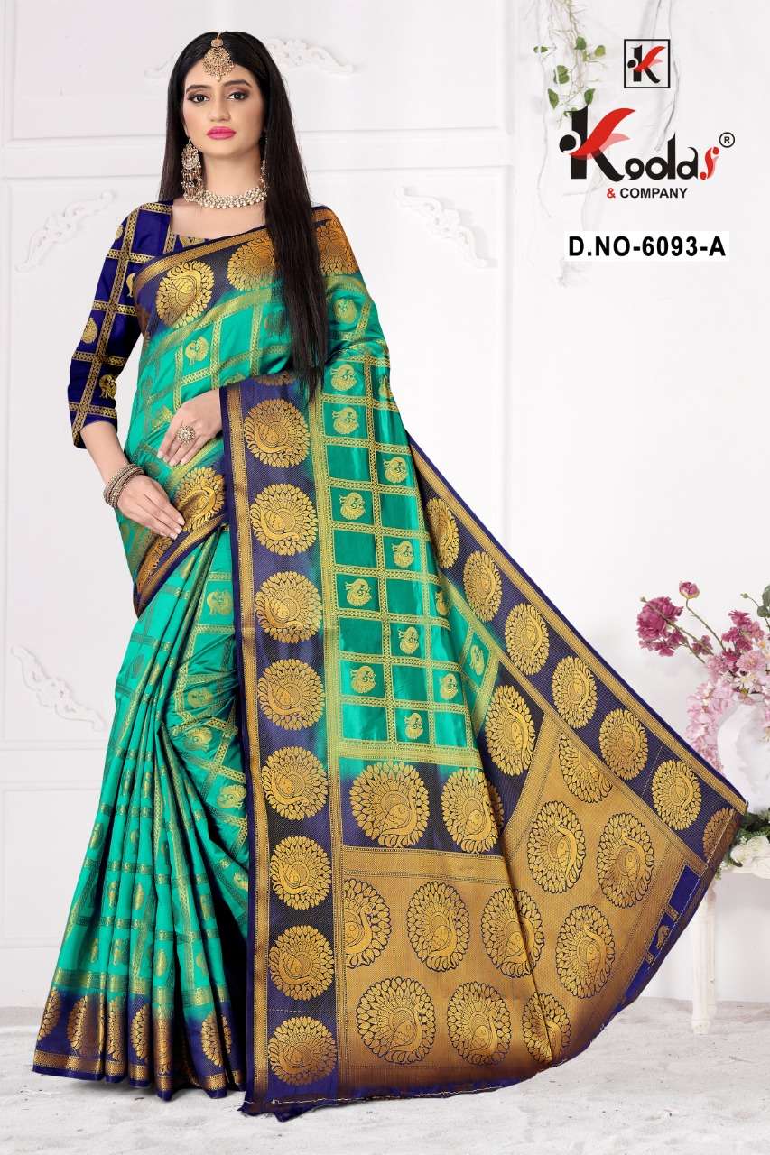 MYRA 6093 BY KODAS 6093-A TO 6093-F SERIES INDIAN TRADITIONAL WEAR COLLECTION BEAUTIFUL STYLISH FANCY COLORFUL PARTY WEAR & OCCASIONAL WEAR BANGALORI SILK SAREES AT WHOLESALE PRICE