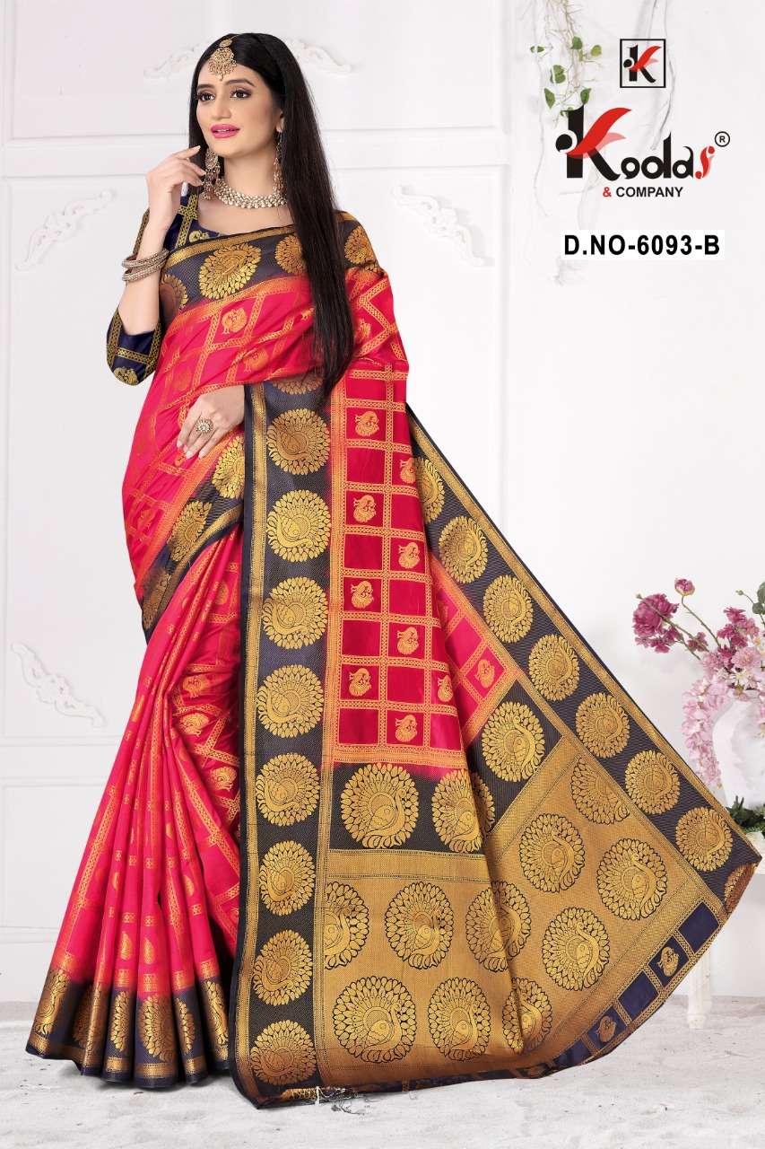 MYRA 6093 BY KODAS 6093-A TO 6093-F SERIES INDIAN TRADITIONAL WEAR COLLECTION BEAUTIFUL STYLISH FANCY COLORFUL PARTY WEAR & OCCASIONAL WEAR BANGALORI SILK SAREES AT WHOLESALE PRICE