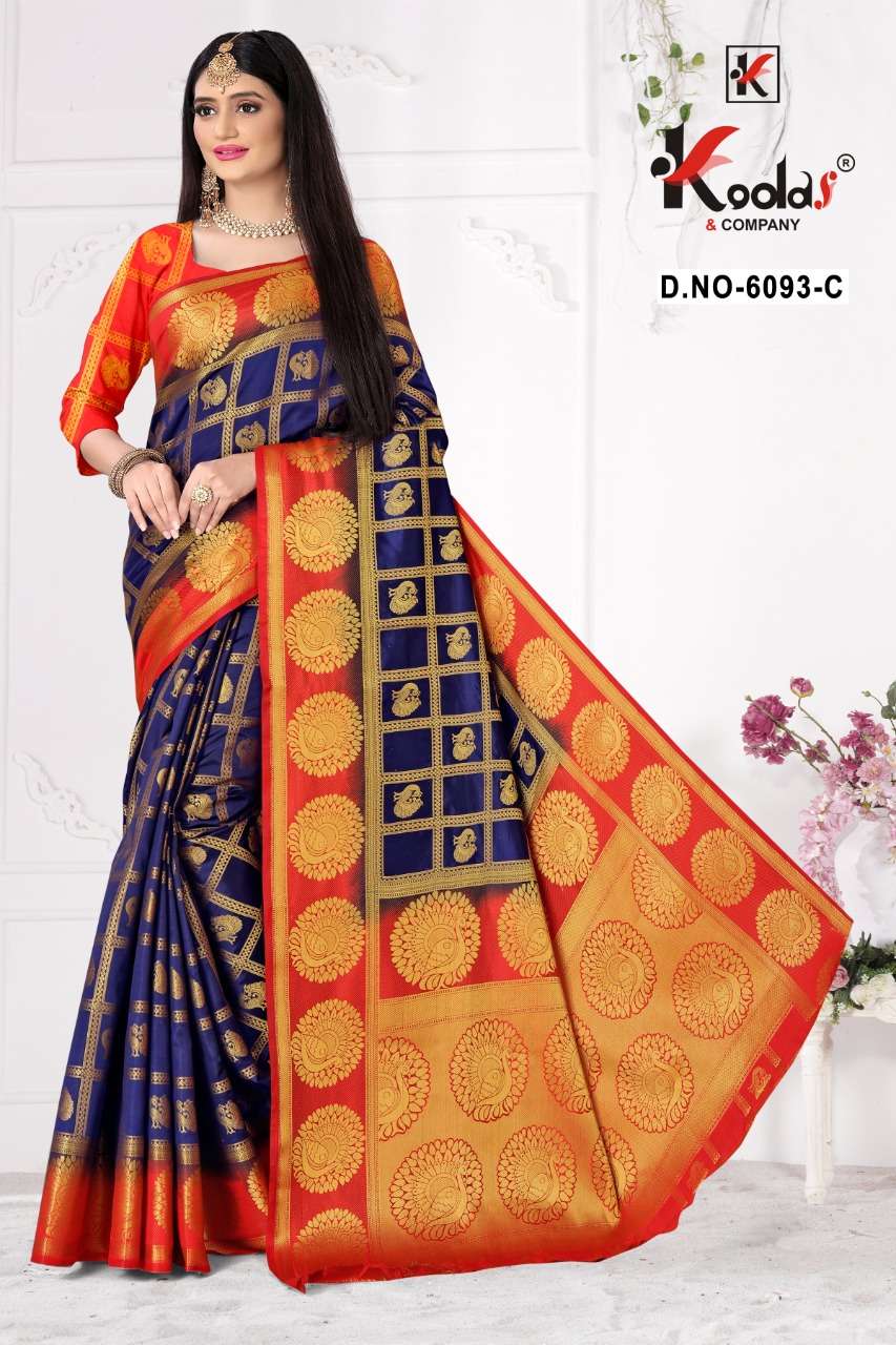 MYRA 6093 BY KODAS 6093-A TO 6093-F SERIES INDIAN TRADITIONAL WEAR COLLECTION BEAUTIFUL STYLISH FANCY COLORFUL PARTY WEAR & OCCASIONAL WEAR BANGALORI SILK SAREES AT WHOLESALE PRICE