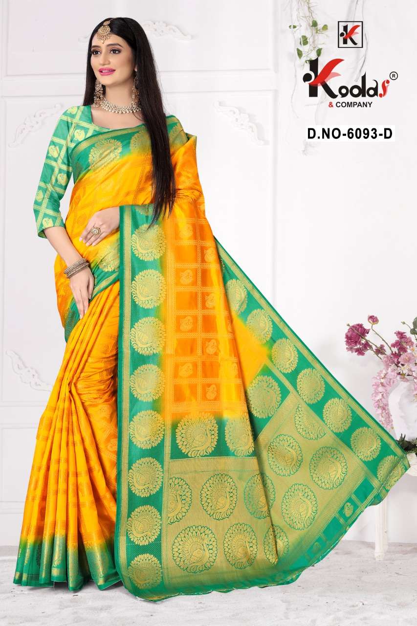 MYRA 6093 BY KODAS 6093-A TO 6093-F SERIES INDIAN TRADITIONAL WEAR COLLECTION BEAUTIFUL STYLISH FANCY COLORFUL PARTY WEAR & OCCASIONAL WEAR BANGALORI SILK SAREES AT WHOLESALE PRICE