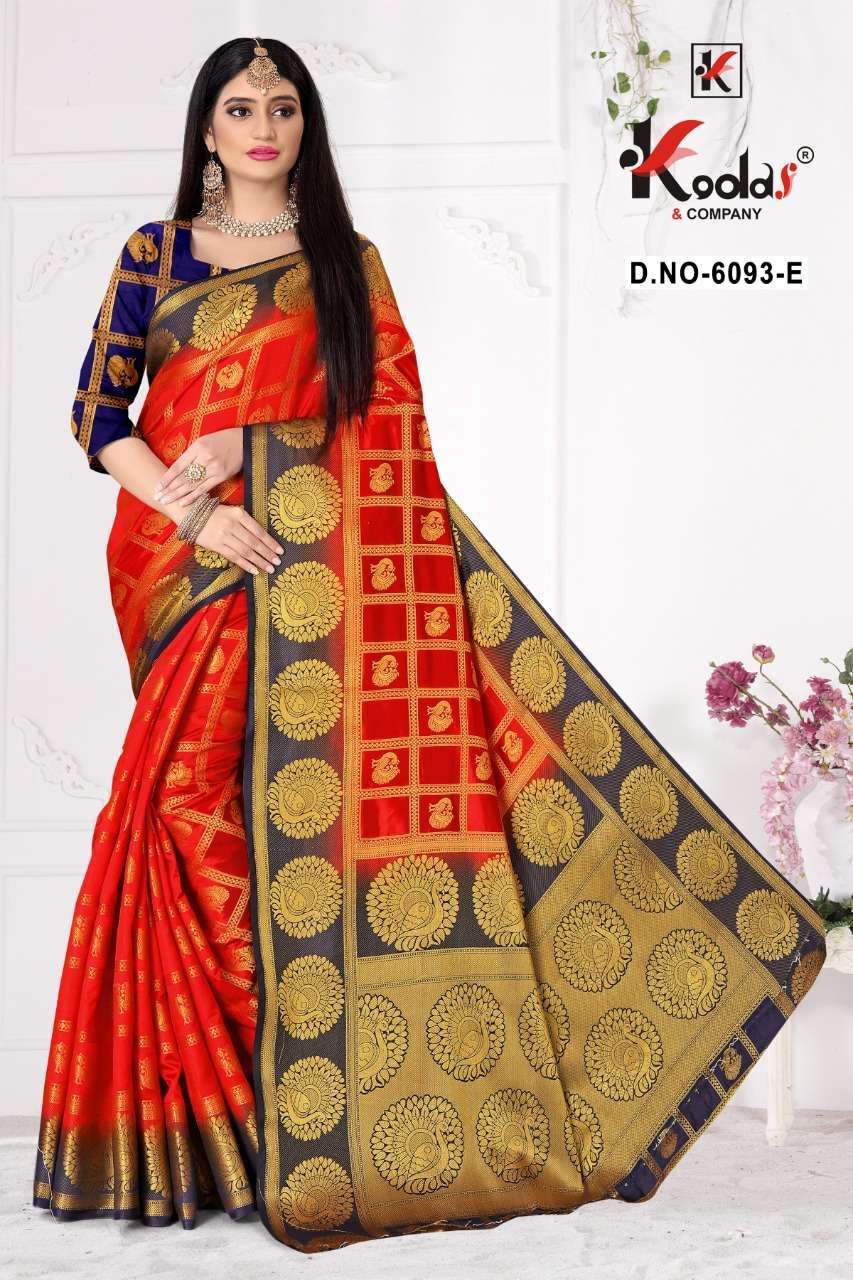 MYRA 6093 BY KODAS 6093-A TO 6093-F SERIES INDIAN TRADITIONAL WEAR COLLECTION BEAUTIFUL STYLISH FANCY COLORFUL PARTY WEAR & OCCASIONAL WEAR BANGALORI SILK SAREES AT WHOLESALE PRICE