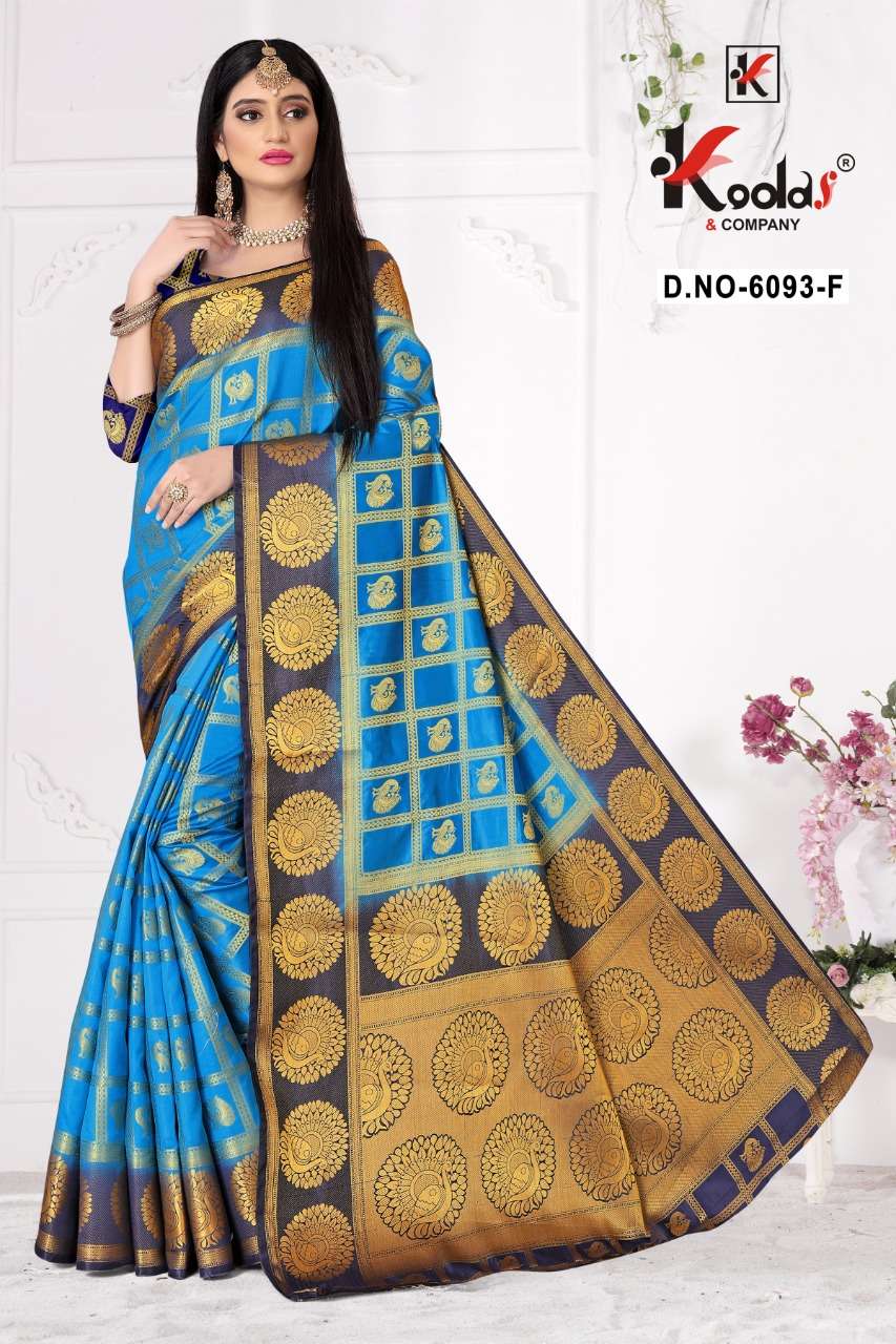 MYRA 6093 BY KODAS 6093-A TO 6093-F SERIES INDIAN TRADITIONAL WEAR COLLECTION BEAUTIFUL STYLISH FANCY COLORFUL PARTY WEAR & OCCASIONAL WEAR BANGALORI SILK SAREES AT WHOLESALE PRICE
