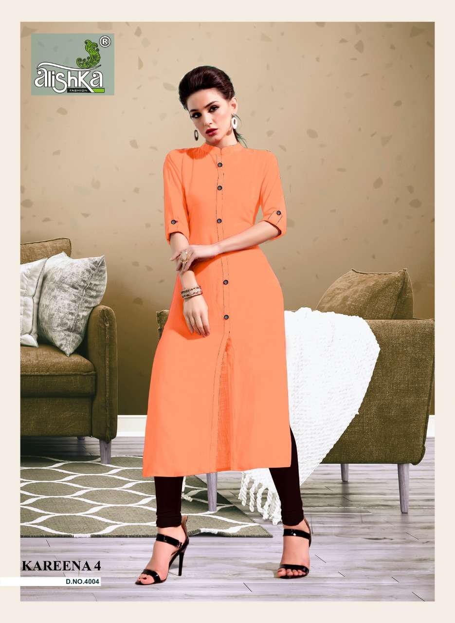 KAREENA VOL-4 BY ALISHKA FASHION 4001 TO 4008 SERIES BEAUTIFUL STYLISH FANCY COLORFUL CASUAL WEAR & ETHNIC WEAR RAYON SLUB KURTIS AT WHOLESALE PRICE
