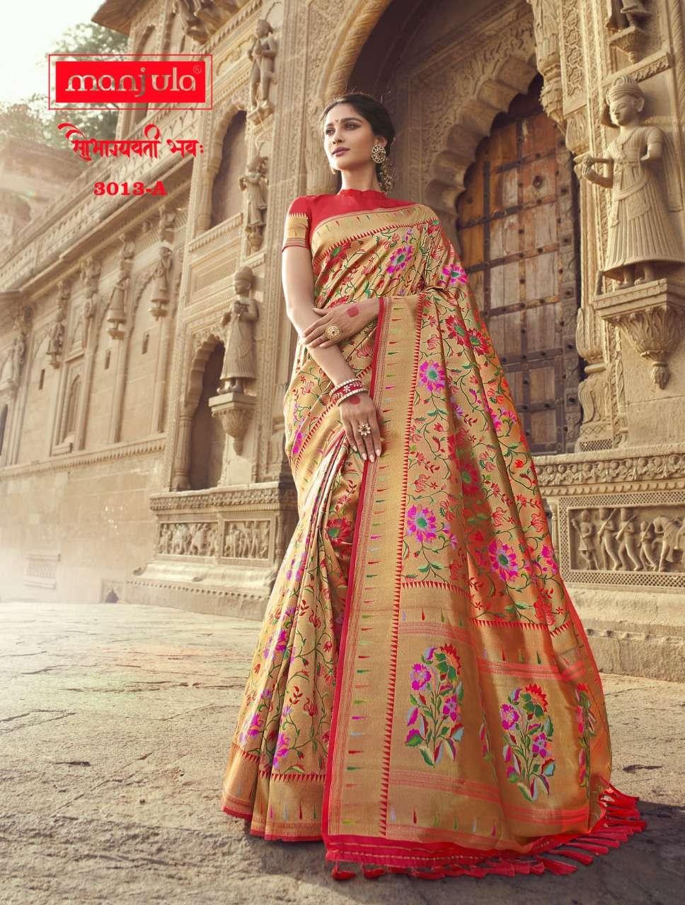 SAUBHAGYAVATI BHAVAH BY MANJULA 3011-A TO 3014-B SERIES INDIAN TRADITIONAL WEAR COLLECTION BEAUTIFUL STYLISH FANCY COLORFUL PARTY WEAR & OCCASIONAL WEAR BANARASI SILK SAREES AT WHOLESALE PRICE