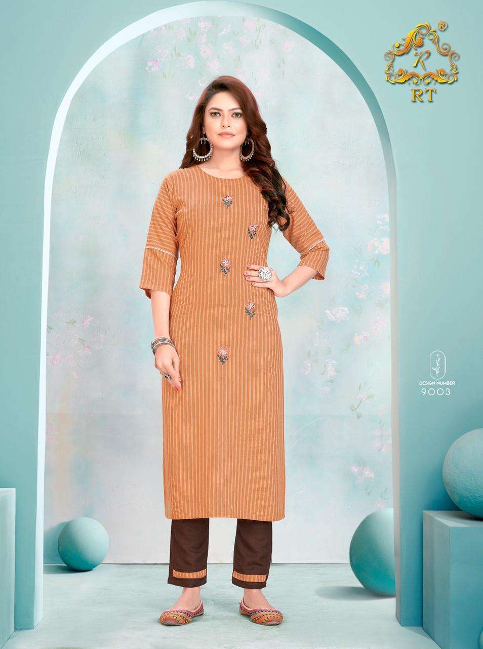 SPRING BY RT 9001 TO 9006 SERIES DESIGNER STYLISH FANCY COLORFUL BEAUTIFUL PARTY WEAR & ETHNIC WEAR COLLECTION VISCOSE RAYON EMBROIDERY KURTIS WITH BOTTOM AT WHOLESALE PRICE
