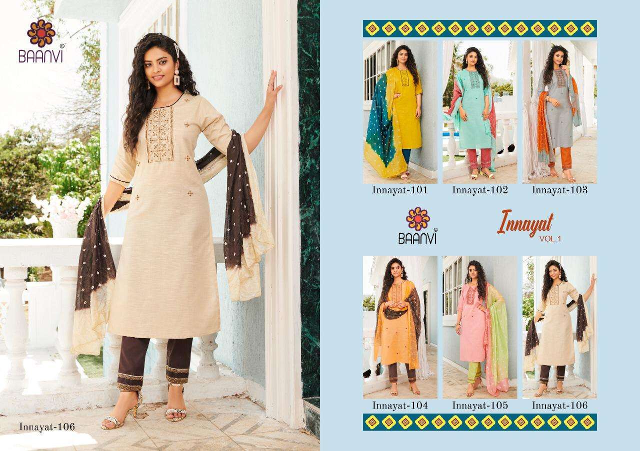 INNAYAT BY BAANVI 101 TO 106 SERIES BEAUTIFUL SUITS COLORFUL STYLISH FANCY CASUAL WEAR & ETHNIC WEAR HEAVY COTTON EMBROIDERED DRESSES AT WHOLESALE PRICE