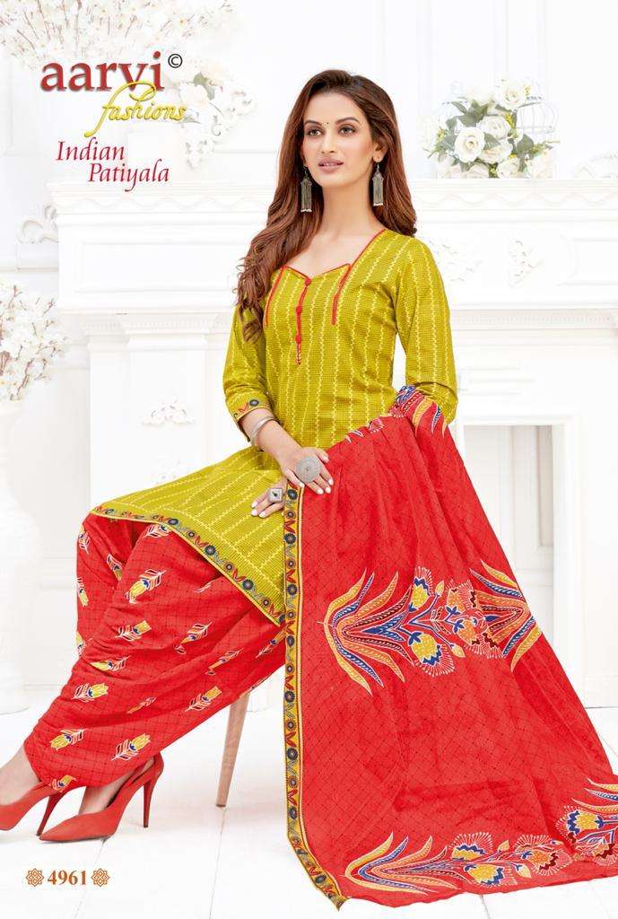 INDIAN PATIYALA VOL-1 BY AARVI FASHION 4961 TO 4972 SERIES BEAUTIFUL PATIYALA SUITS STYLISH FANCY COLORFUL PARTY WEAR & OCCASIONAL WEAR PURE COTTON PRINT DRESSES AT WHOLESALE PRICE