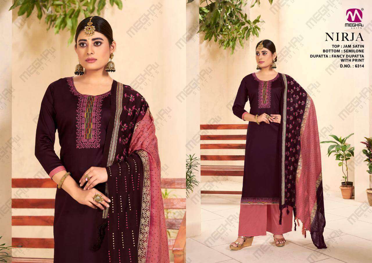 NIRJA BY MEGHALI SUITS 6309 TO 6314 SERIES BEAUTIFUL SUITS COLORFUL STYLISH FANCY CASUAL WEAR & ETHNIC WEAR JAM SATIN DRESSES AT WHOLESALE PRICE