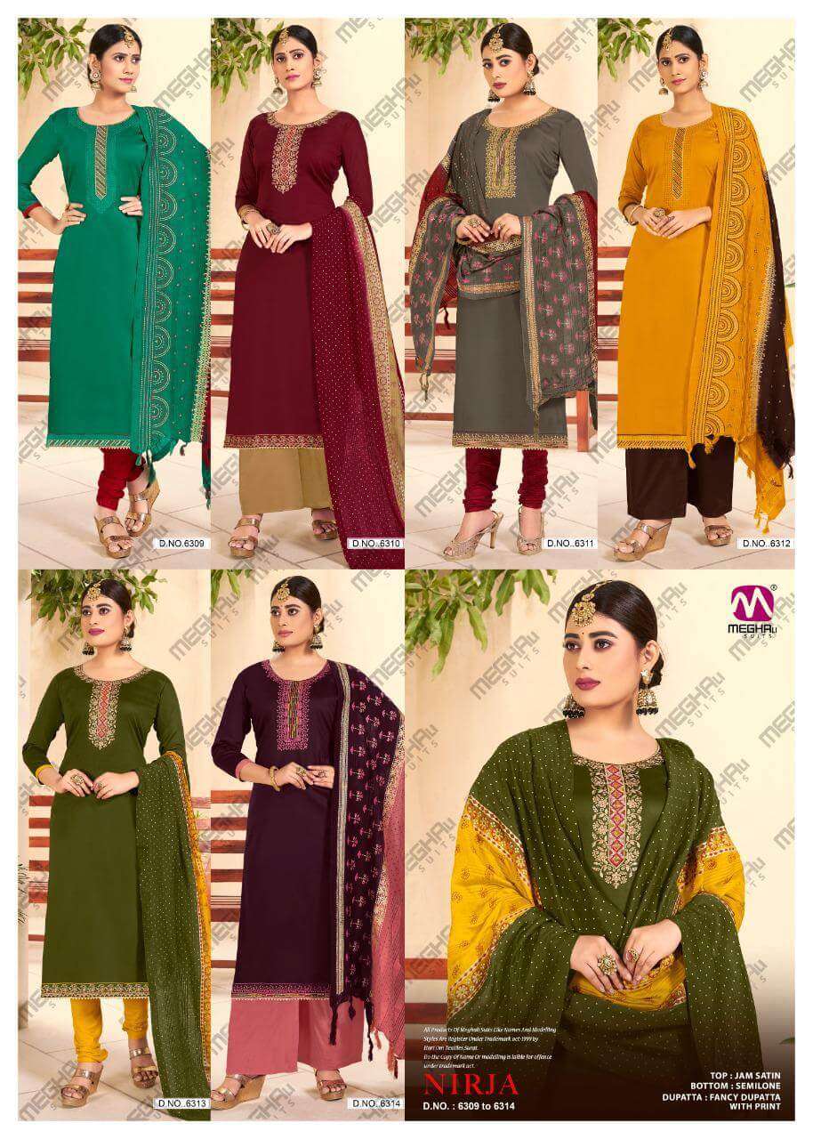 NIRJA BY MEGHALI SUITS 6309 TO 6314 SERIES BEAUTIFUL SUITS COLORFUL STYLISH FANCY CASUAL WEAR & ETHNIC WEAR JAM SATIN DRESSES AT WHOLESALE PRICE